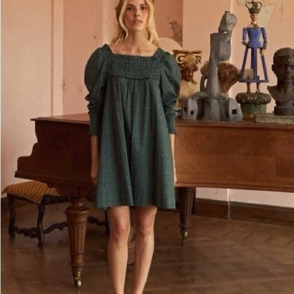 Doen Green Smocked Square-Neck Puff-Sleeve Mini Dress
